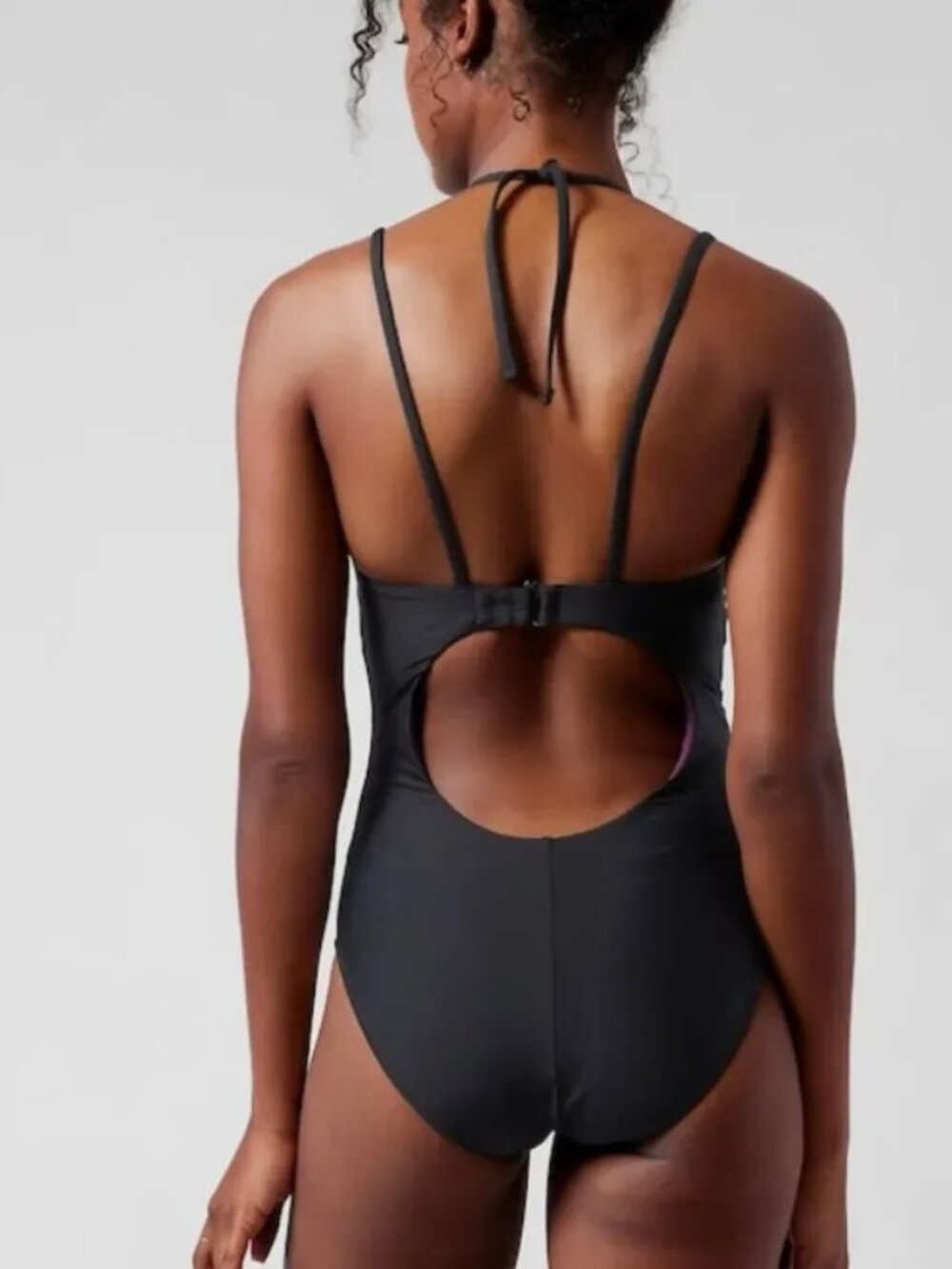 ATHLETA S Black Open Back Halter Top Onepiece Swim Suit Bathing Suit